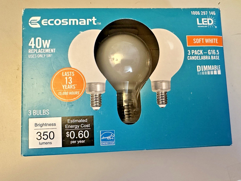 (3-Pk) EcoSmart Dimmable LED Light Bulb Soft White G16.5 2700K 40W 120V
